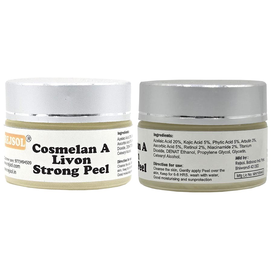 R163 Cosmelan A Livon Strong Peel for for Chemical Peeling. Kept for 8 hrs Professional Use 30ml Azelaic 20%, Kojic 5%, Phytic 5%, Arbutin 3%, Vit C 5%, Retinol 2%, Niacin2%